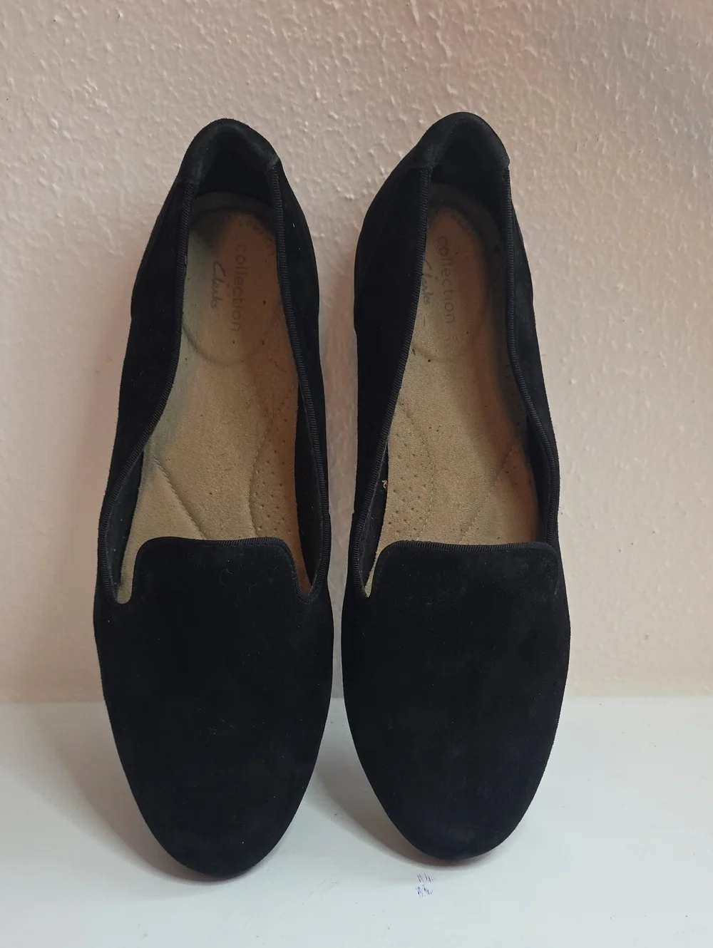 CLARKS SARA POPPY SLIP ON FLATS LOAFERS BLACK SUEDE VGUC LADIES SIZE 9.5 W